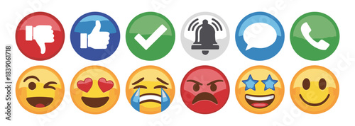 Social media reaction buttons and emoji set. collection of web icons and emoticons for communication concept