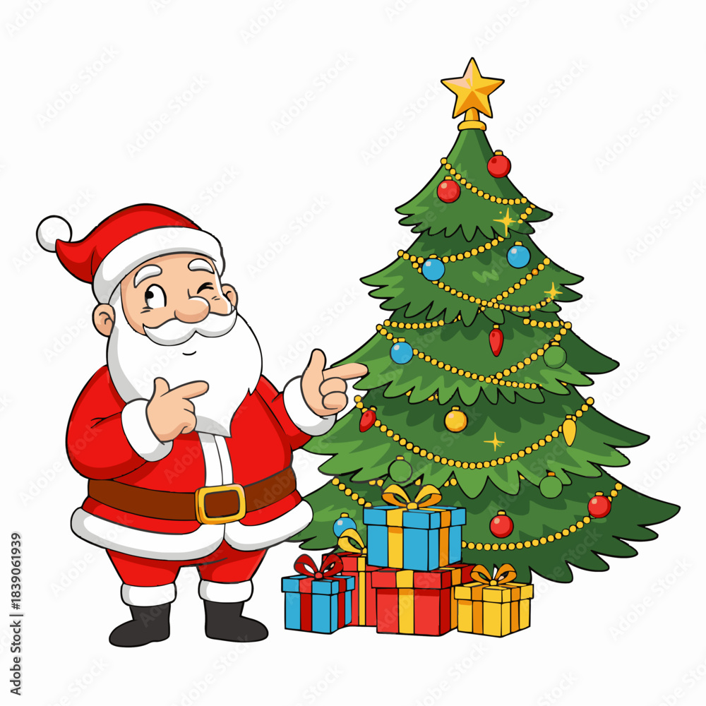 Fototapeta premium Cute Cartoon Santa Claus with Decorated Christmas Tree and Gift Boxes