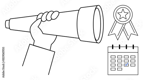 Career planning, success goals, motivation, future vision, milestone tracking, productivity management. Hand holding a telescope, award ribbon calendar. Career planning and success goals idea