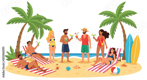 Beach party scene with people enjoying drinks and relaxation under palm trees.