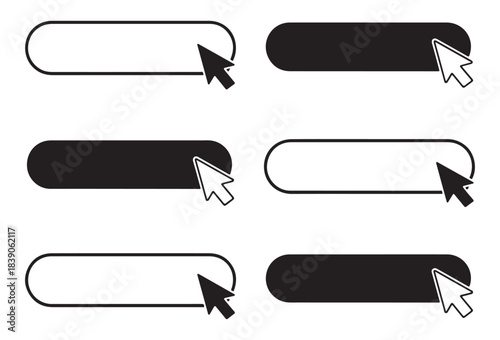 Collection of black and white elongated rectangle buttons with outlines and solid fills, featuring arrow cursors