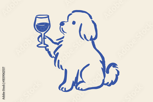 Dog with wine glass cartoon sketch vector illustration