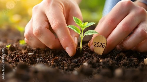 Adult hands planting a green seedling next to a 2026 marker, symbolizing future growth, goals, and environmental sustainability.