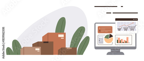 Cardboard boxes near green plants paired with a monitor displaying graphs, charts, and cart analytics. Ideal for e-commerce, logistics, inventory, data analysis, shipping, retail business strategy