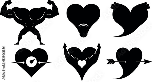 Collection of stylized black hearts and muscular figure