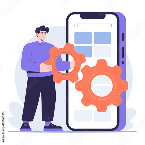 Illustration of mobile app development interface with user customization, gear settings, smartphone UI design, technology concept, software engineering tools