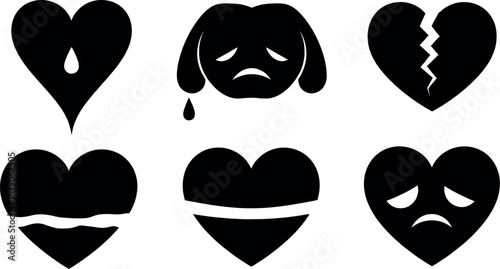 Collection of sad and broken heart icons with tears