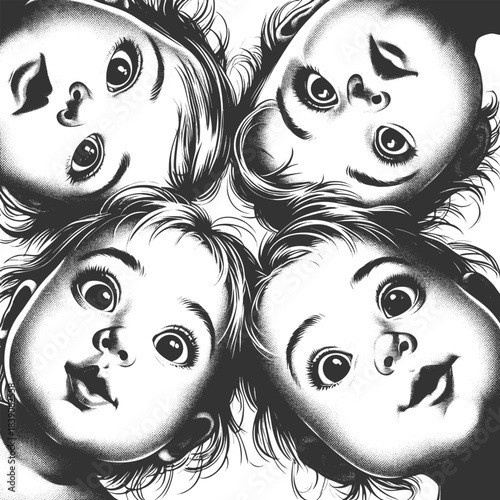 babies with wide eyes and open mouths, staring downward in amazement and curiosity sketch engraving generative ai fictional character vector illustration. Scratch board imitation. Black and white.