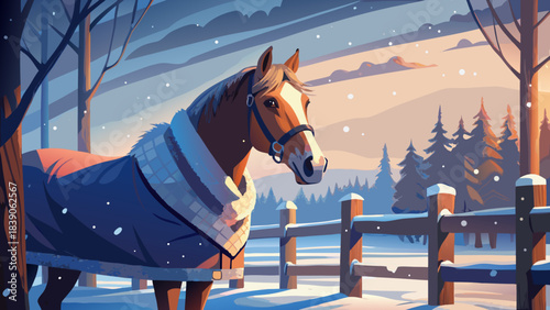 Very beautiful calm winter scene of a horse wearing a warm blanket near a wooden fence, surrounded by quiet snowfall and serene paddock atmosphere highlighting gentle care and peaceful countryside 