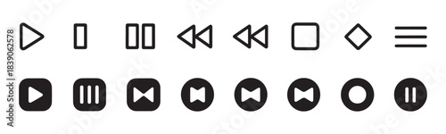 Extensive collection of 15 media playback and UI control icons featuring play, pause, rewind, fast forward, and menu