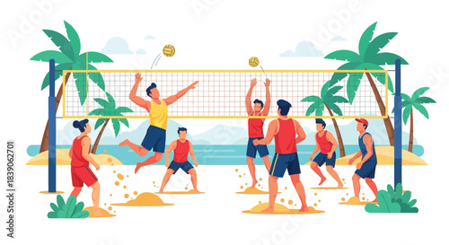 Beach volleyball game with people playing on sunny day.
