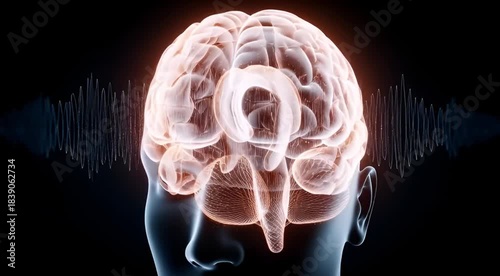 Digital rendering of a human brain with brainwave patterns visualized, symbolizing cognition and neurological activity