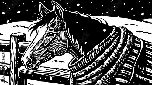 Very beautiful calm winter scene of a horse wearing a warm blanket near a wooden fence, surrounded by quiet snowfall and serene paddock atmosphere highlighting gentle care and peaceful countryside 