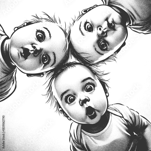 babies with wide eyes and open mouths, staring downward in amazement and curiosity sketch engraving generative ai fictional character vector illustration. Scratch board imitation. Black and white.