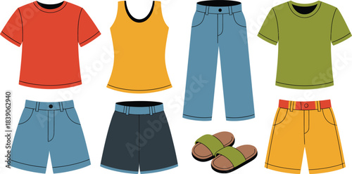 Cartoon Clothing Illustration Tshirts, Shorts, Jeans, Tank Top, and Sandals on a White Background