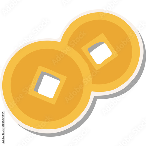 Two Golden Chinese Coins Interlocked Showing Square Holes With White Border And Shadow On Black Background