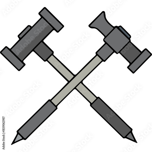 Two Crossed Gray Gavel Hammers Symbolizing Justice or Auction on a Black Background with Simple Flat Design Elements and Smooth Lighting