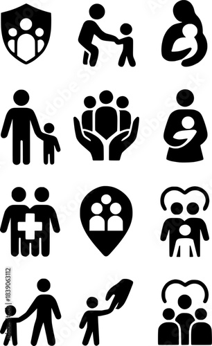 Minimal Black and White Family Care Icons Set – Parenting, Child Safety, Protection, Health Support, Mother and Child, Community Help Symbols
