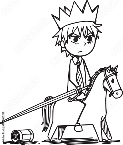 Crowned in Dedication: A young individual, donned in a crown and regal attire, fiercely rides a toy horse, symbolizing determination and leadership while holding a sword.