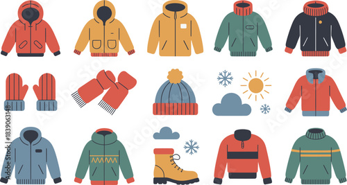 Colorful Cartoon Illustration of Winter Apparel, Outwear, Accessories, and Cold Weather Icons