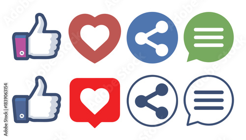 Social media icon set featuring a thumbs-up hand, heart, share symbol, and speech bubble in various styles