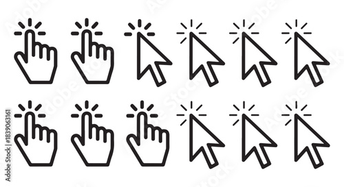 Mouse cursor click icon set. Vector collection of linear arrow and hand pointers with action burst lines.
