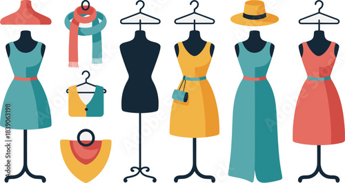 Colorful Cartoon Fashion Collection Dresses, Tops, Scarves, Hats, and Accessories Illustration