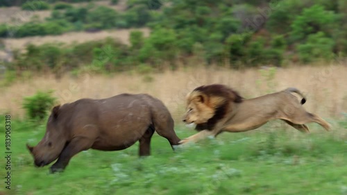 Intense slomo of male lion chasing fleeing rhino trying to bring it down