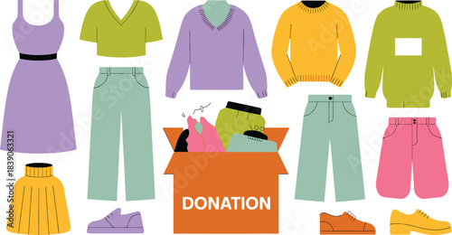 Clothing Items and Shoes with Donation Box Dress, Sweaters, Pants, and Accessories Illustration