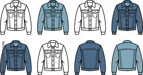 Colorful Collection of Denim Jacket Illustrations Front Back Views, Classic Style