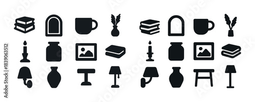 Home decor icons: books, lamps, vases, mugs, candles
