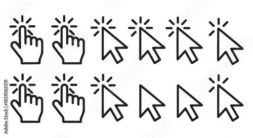 Mouse cursor icon set. Vector collection of clicking arrows and hand pointers in solid and outline styles.
