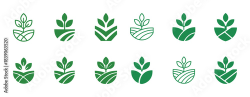 Collection of green plant icon designs with various leaf patterns