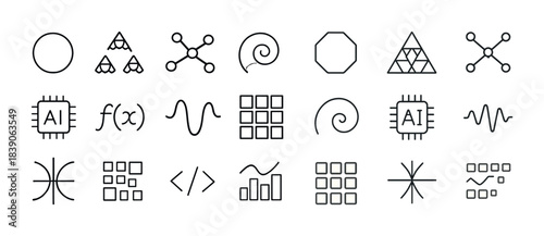 Minimalist ai and tech symbols set featuring geometric and mathematical icons