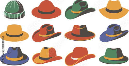 Colorful Variety of Illustrated Hats Beanie, Fedora, Cowboy Hats in Unique Combinations