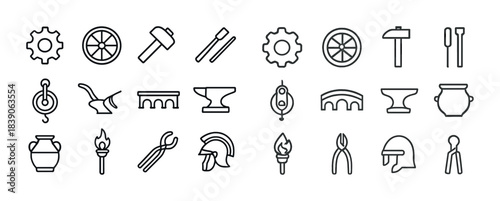 Set of blacksmithing and ancient tools icons in line art style