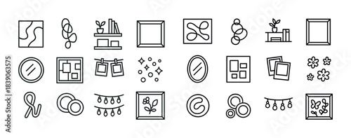 Minimalist line art icons: home decor, frames, mirrors, plants, and art designs