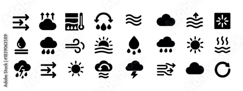 Weather icons set: clouds, rain, sun, wind, temperature, thunderstorm symbols