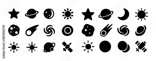 Space icons set: planets, moons, stars, asteroids, comets, galaxies, satellites