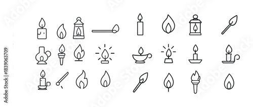 Set of minimalist black line candle and flame icons in various shapes