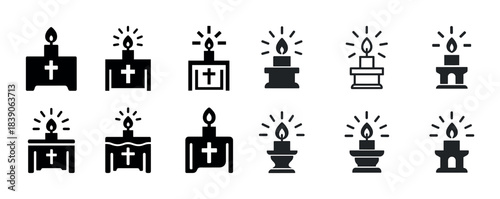 Set of twelve black and white iconic candle designs with cross symbols