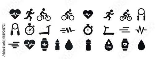 Fitness icons set: running, cycling, heartbeat, jump rope, stopwatch, water bottle