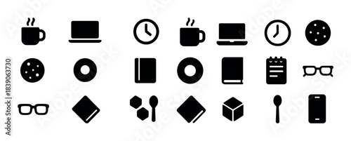 Collection of black and white office and everyday object icons