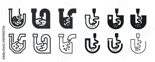 Set of pipe icons illustrating clogged sink and drainage issues