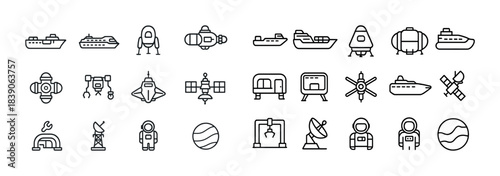 Space and maritime icons: rockets, satellites, ships, astronauts, and radars