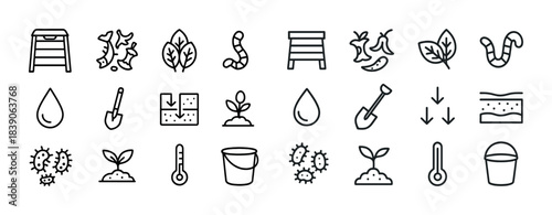 Garden icons: plants, tools, seeds, bacteria, temperature, water, growth