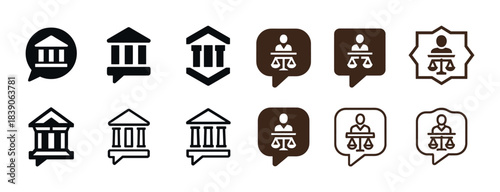 Set of courthouse and justice icons in monochrome styles