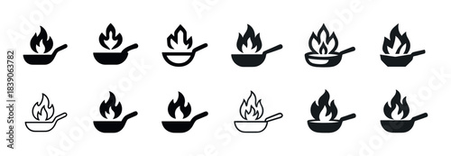 Set of fire icon variations for cooking pans in black and white
