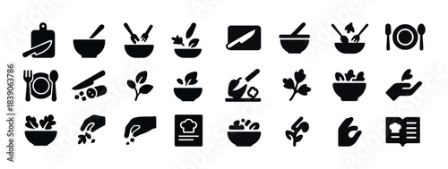 Set of cooking and food preparation icons featuring diverse kitchen utensils and ingredients