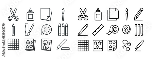 Collection of black and white stationery icons including scissors, glue, and paper